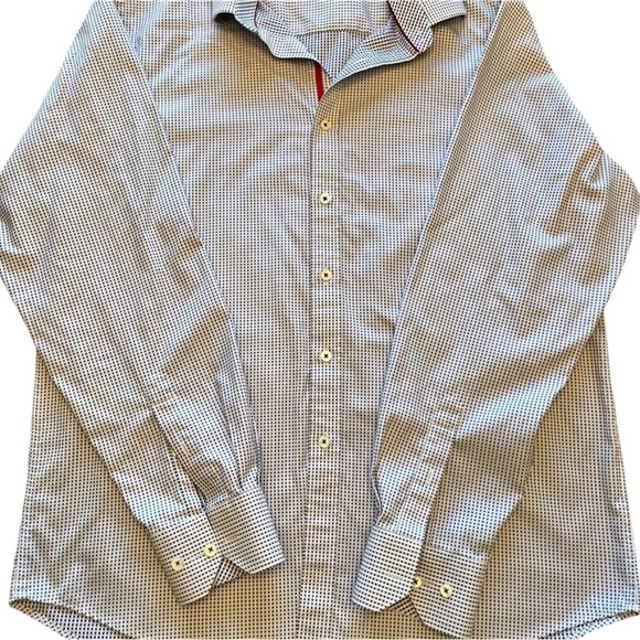 Bugatchi Classic Fit Navy Blue/White Dot Print Button Down Size L - Picture 3 of 8